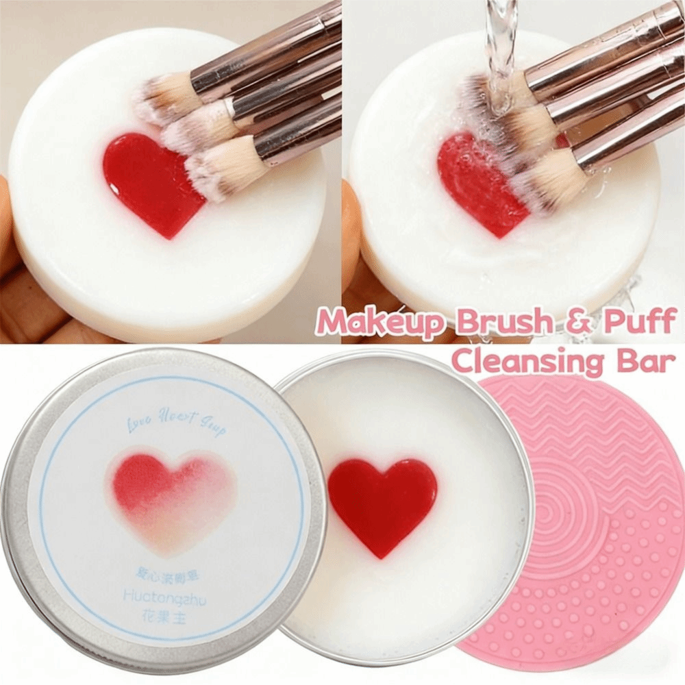 Cosmetic Sponge - Tiefenreinigende Make-up-Pinsel-Reinigungsseife mit Silikonmatte, herzförmiger Kosmetikschwamm-Reiniger,